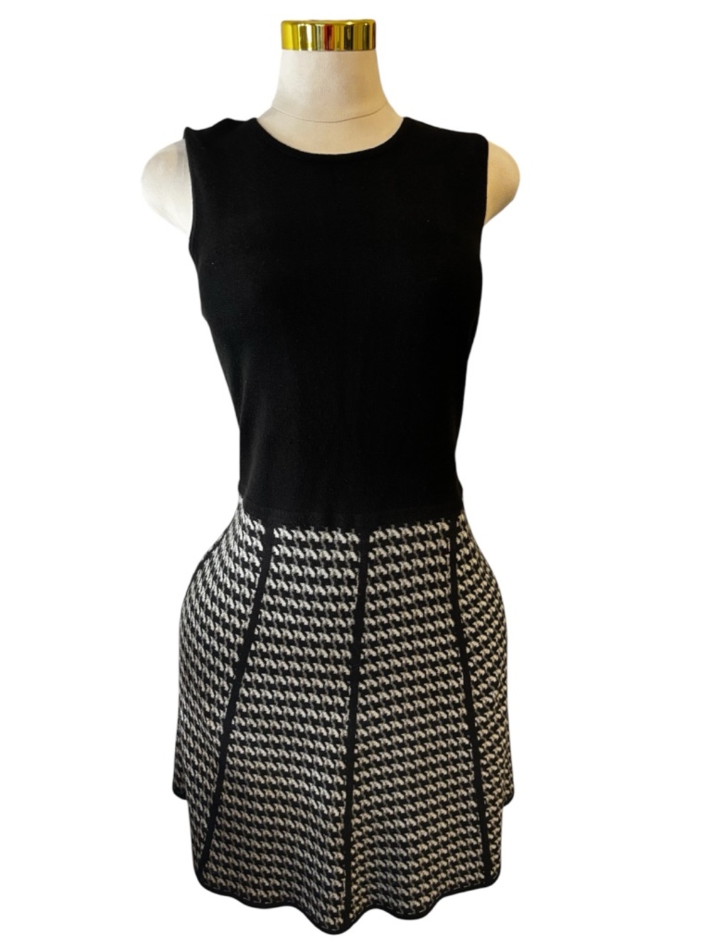 Calvin Klein Houndstooth Knit Fit & Flare Dress Sleeveless Black White Small